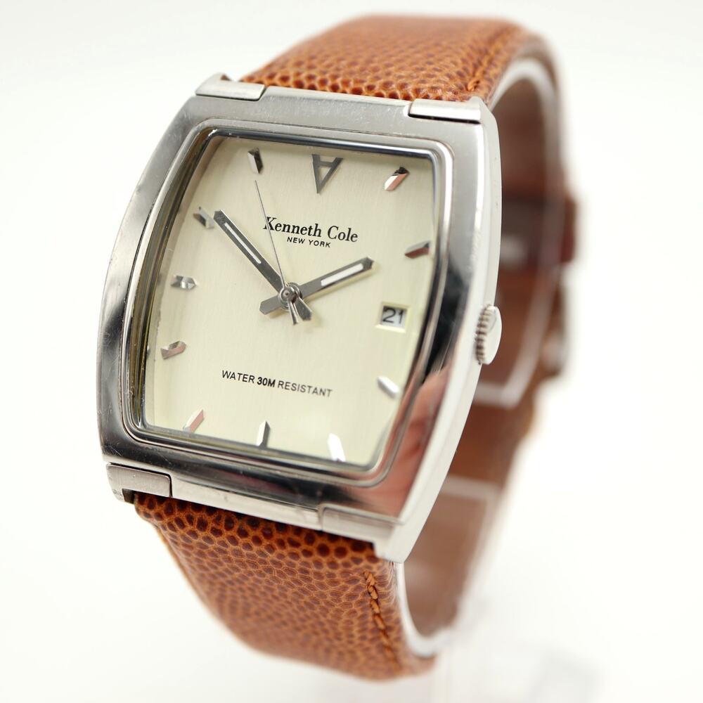 Kenneth Cole NY Silver Tone 34mm Date Watch Brown Leather with New Battery